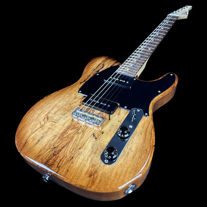 Front angle of Used Suhr Classic T Custom P90 Korina w/Spalted Maple Top.