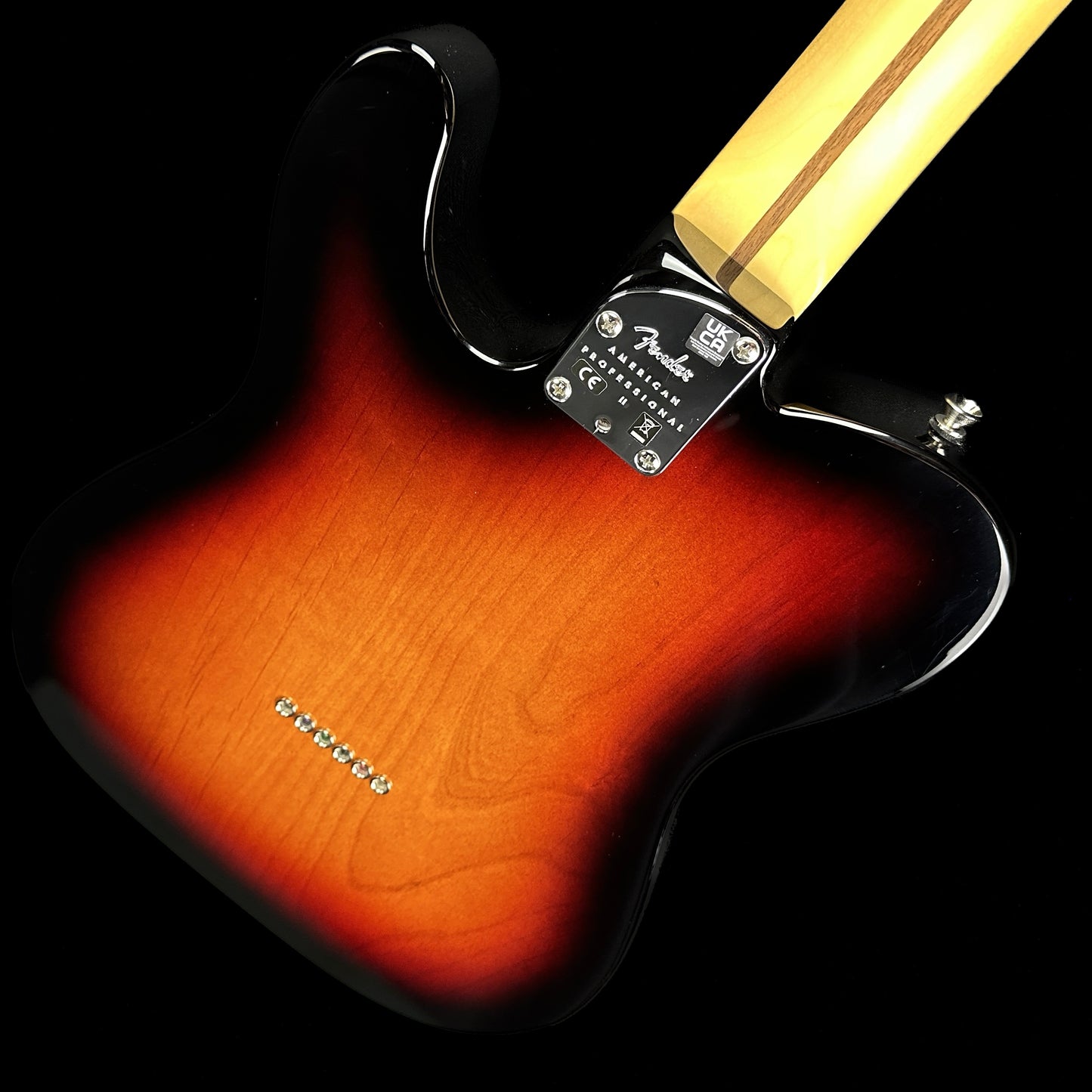 Back angle of Used Fender American Professional Tele Maple Neck 3 Color Sunburst.