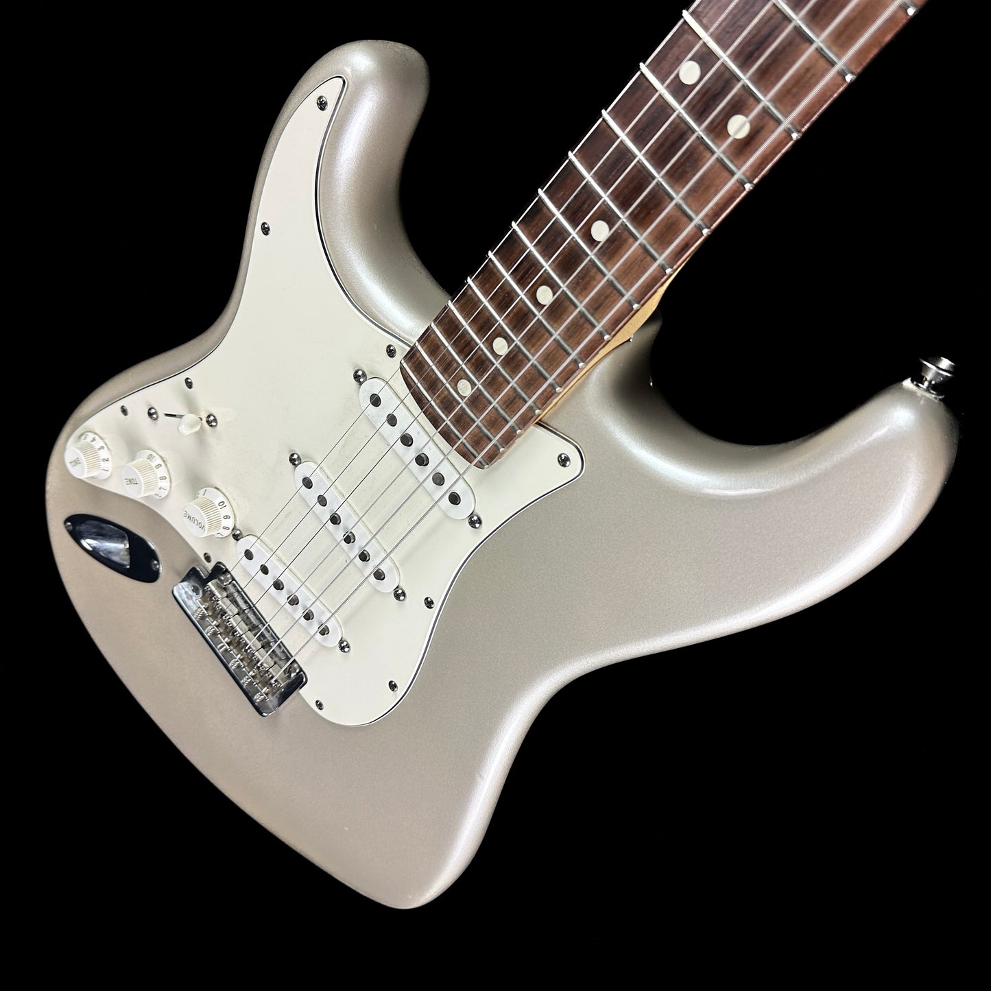 Front angle of Used 2010 Fender American Standard Strat Left Hand Blizzard Pearl.