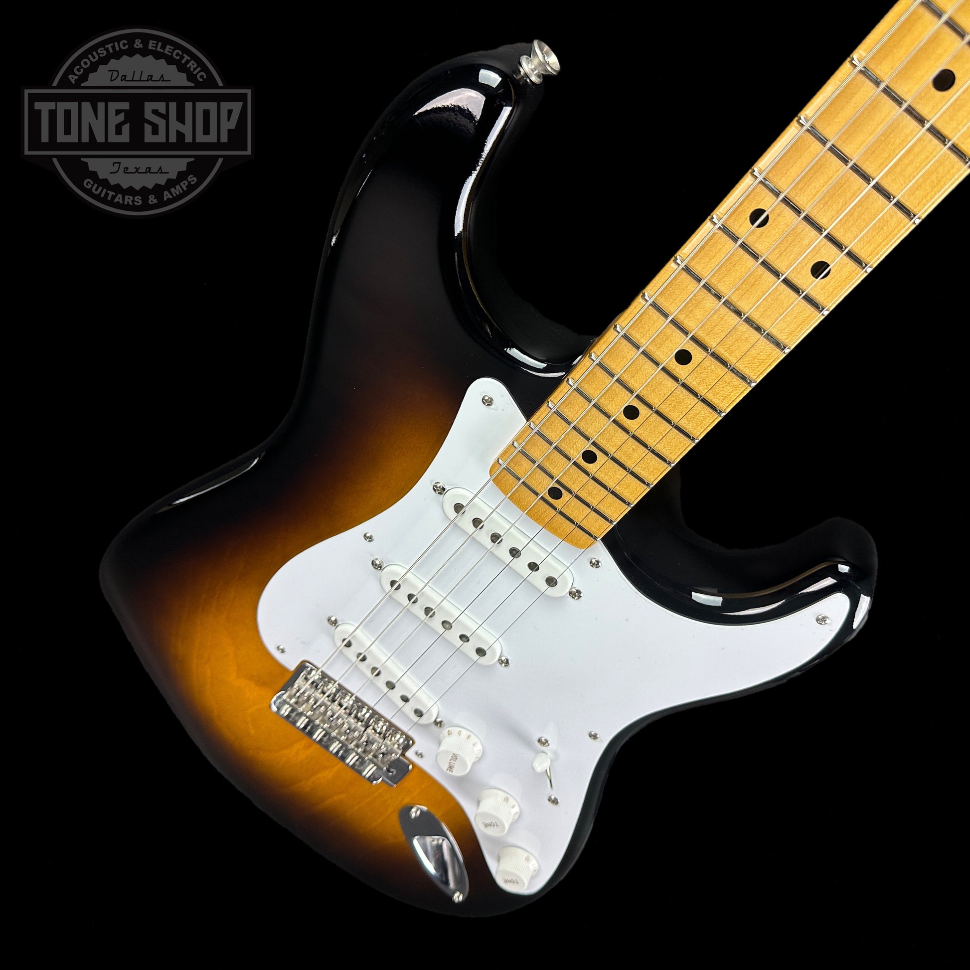 Front angle of Fender Custom Shop LTD 70th Anniversary 1954 Stratocaster Time Capsule 2-Color Sunburst.