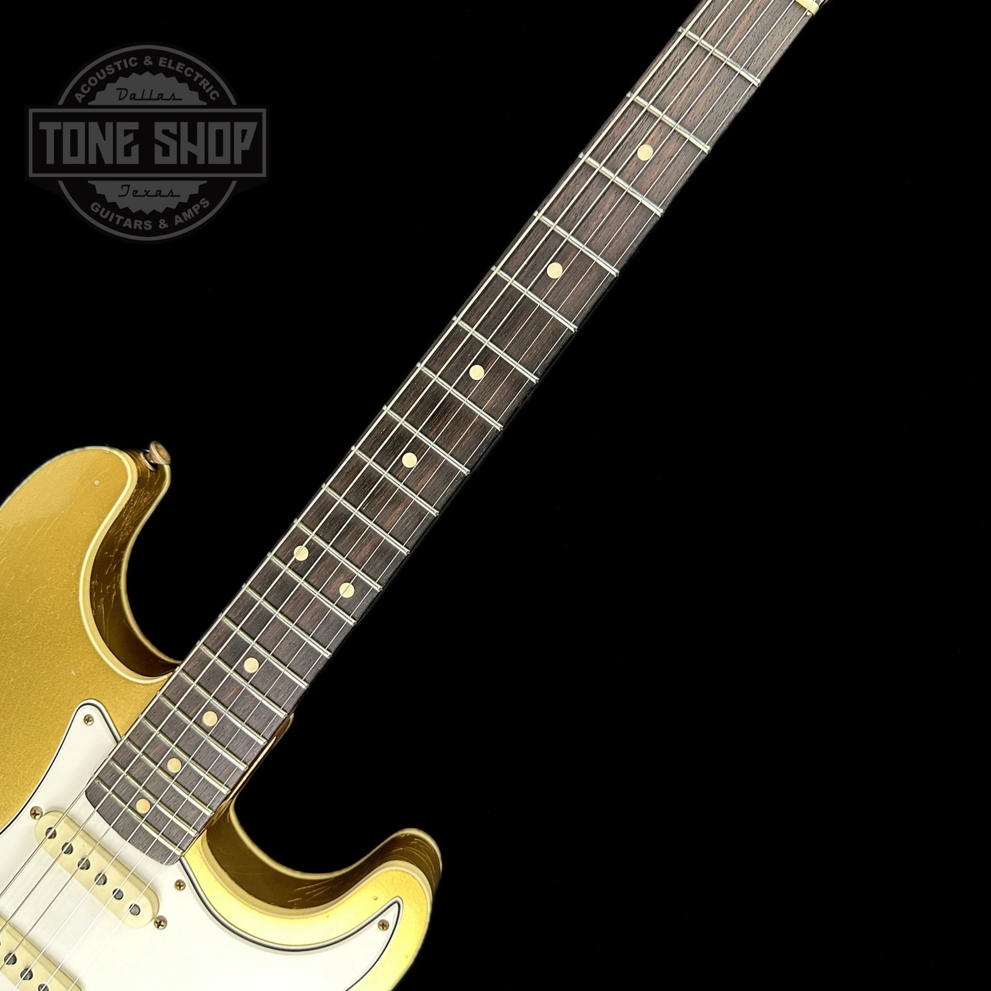Fretboard of Used 2021 Fender Custom Shop Double Bound Strat Aged Aztec Gold.