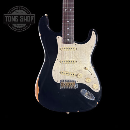 Front of body of Fender Custom Shop 2023 Collection Ltd Roasted Big Head Strat Relic Aged Black.