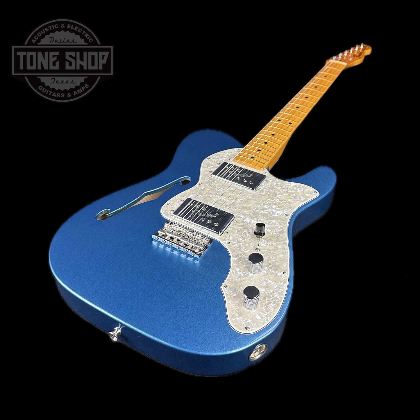 Front angle of Used Fender American Vintage II '72 Thinline Telecaster Lake Placid Blue.