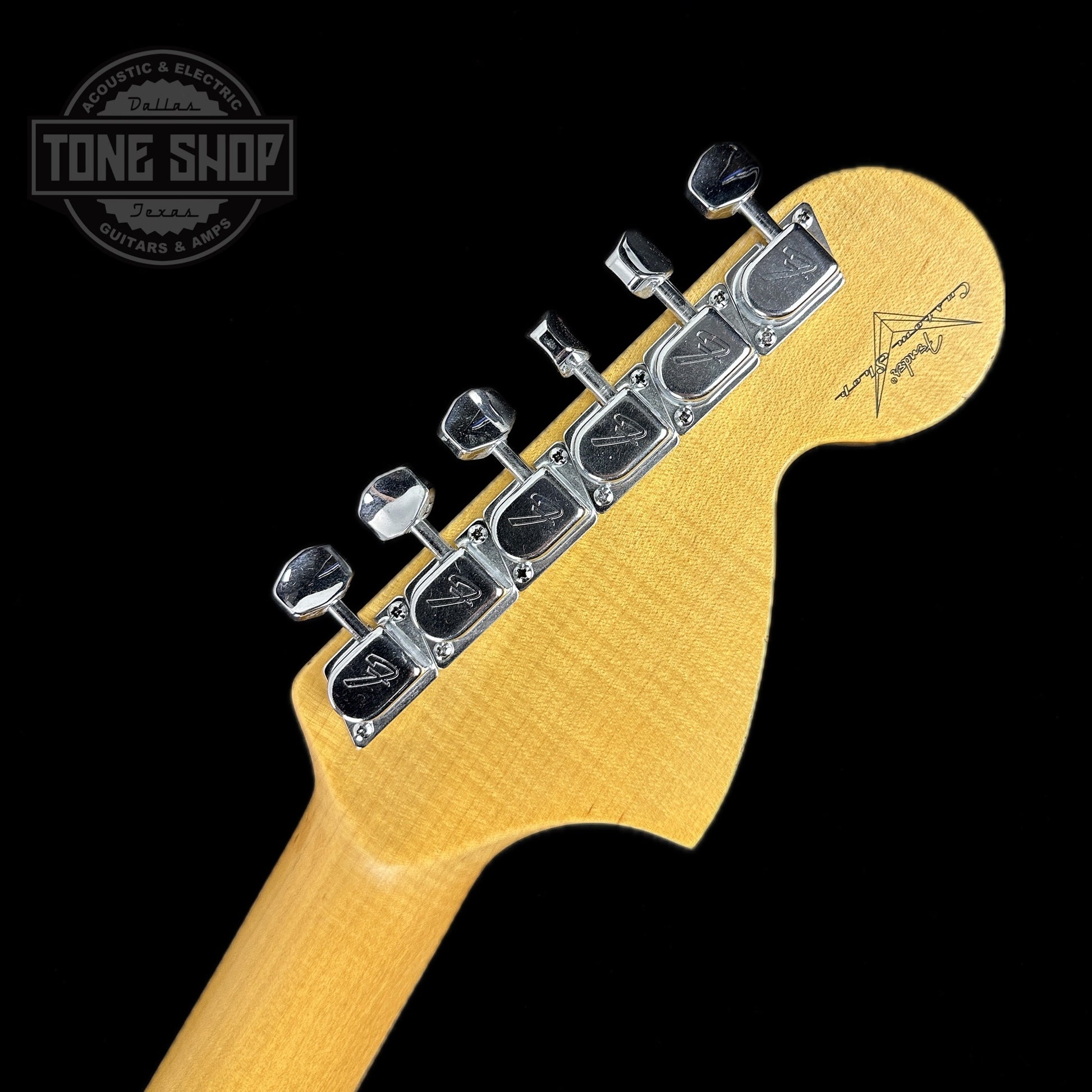 Back of headstock of Fender Custom Shop 69 Stratocaster Relic HSS Oly White Reverse Headstock.