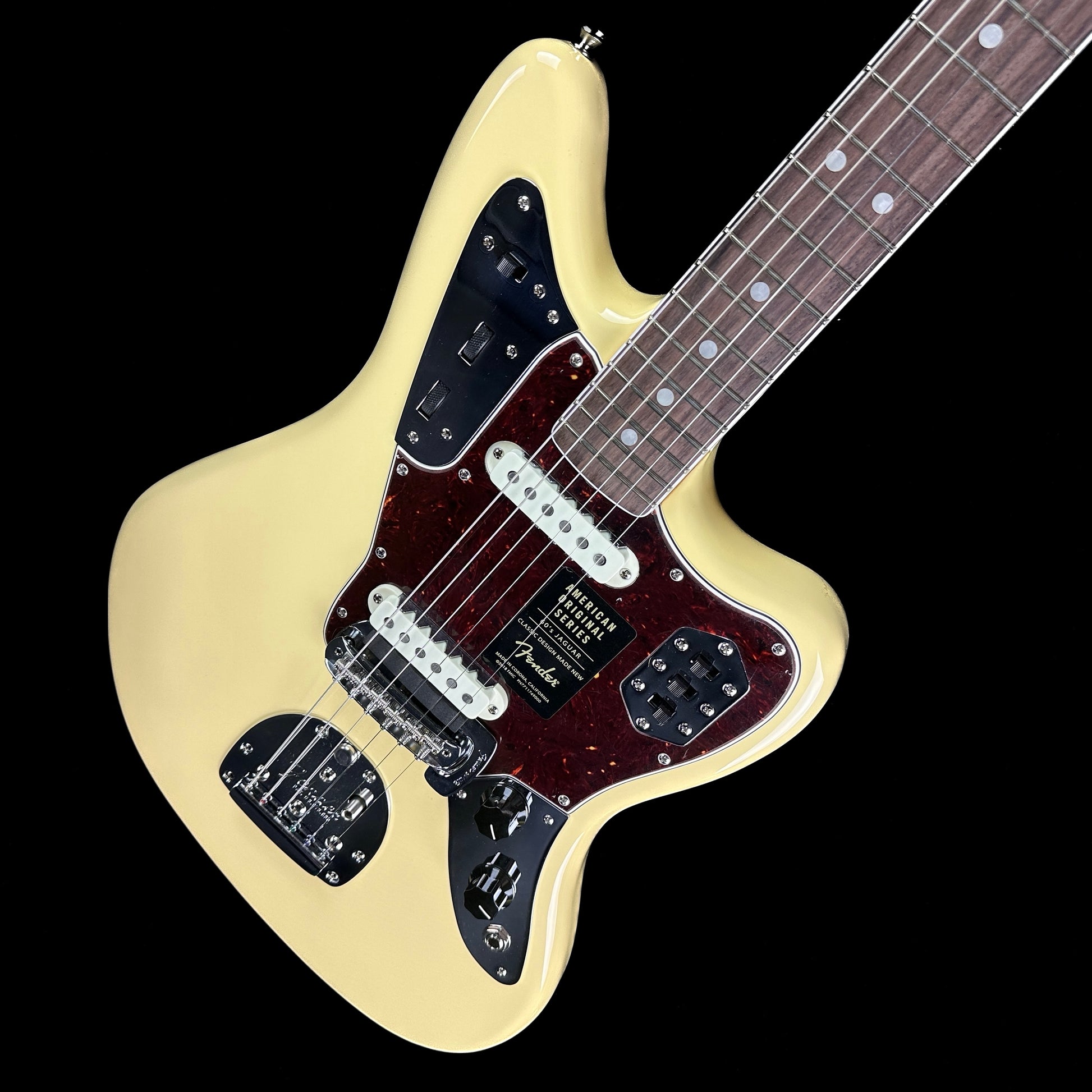 Front angle of Used Fender American Original Jaguar Olympic White.