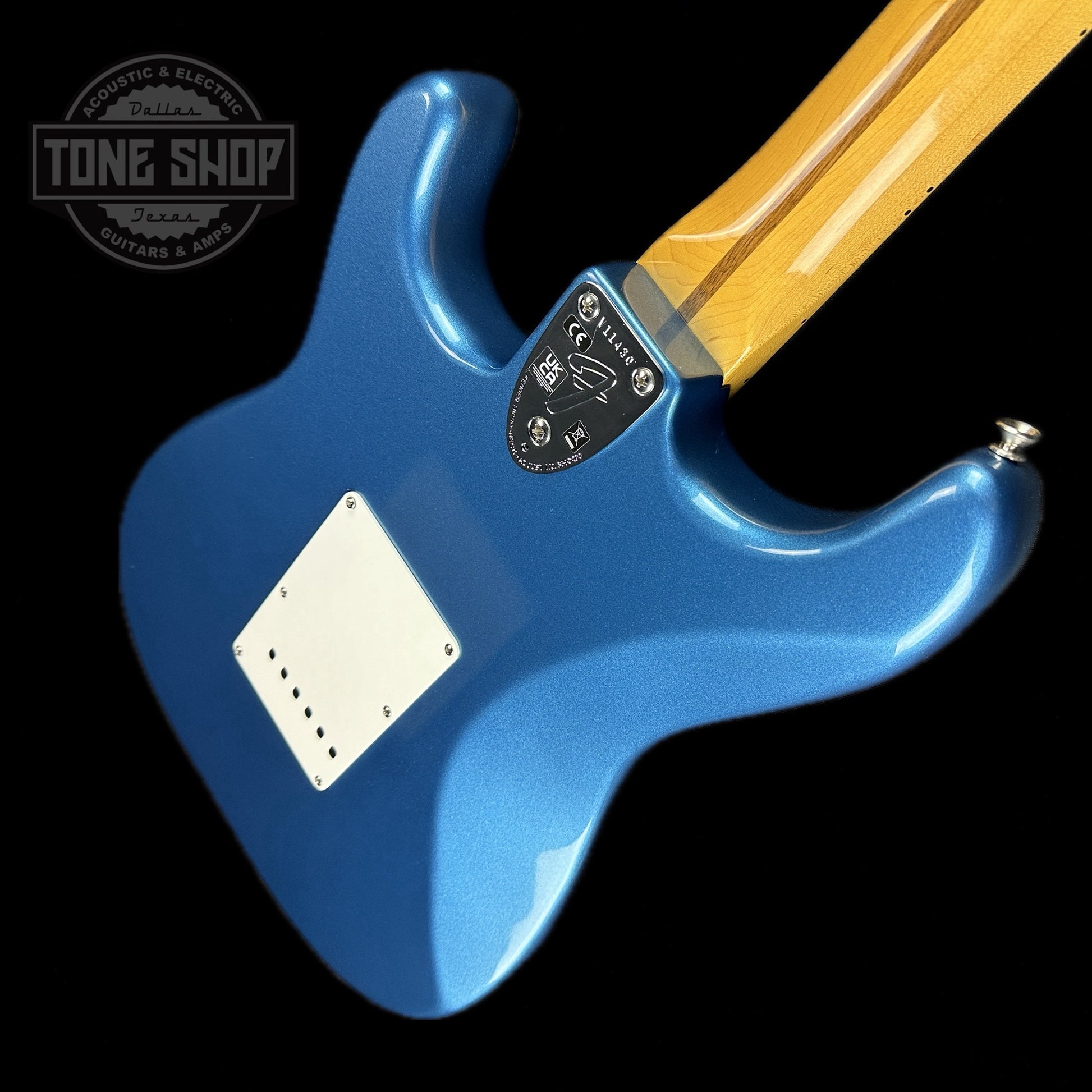 Back angle of Used Fender American Vintage II 70's Stratocaster Lake Placid Blue.
