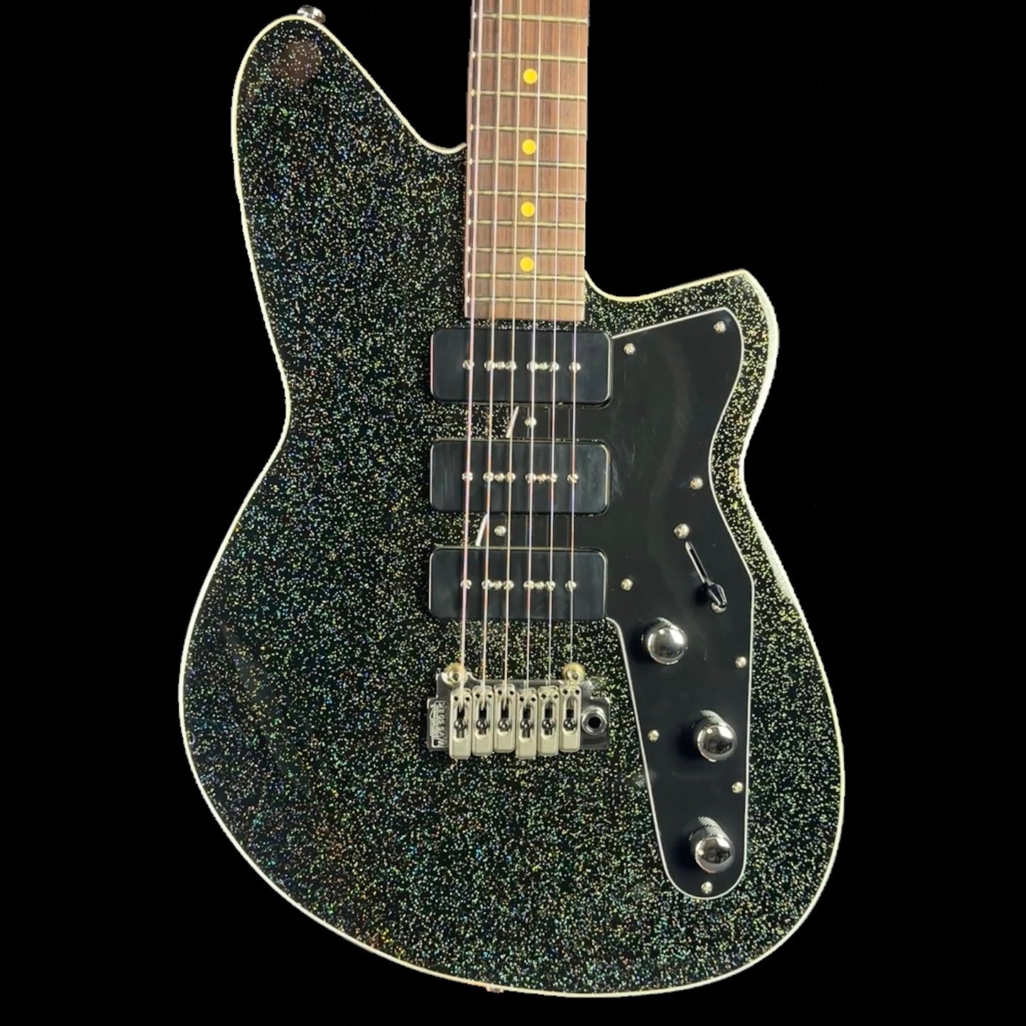 Front of body of Reverend Jetstream 390 Tone Shop Exclusive Rainbow Sparkle.