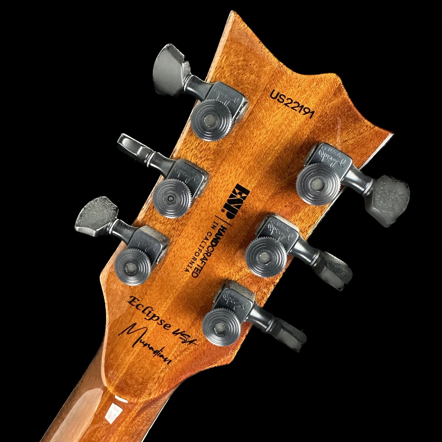 Back of headstock of ESP USA Nosferatu Limited Edition Pyrograph Series.