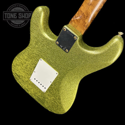 Back angle of Fender Custom Shop 1964 Stratocaster Journeyman Relic Chartreuse Sparkle.