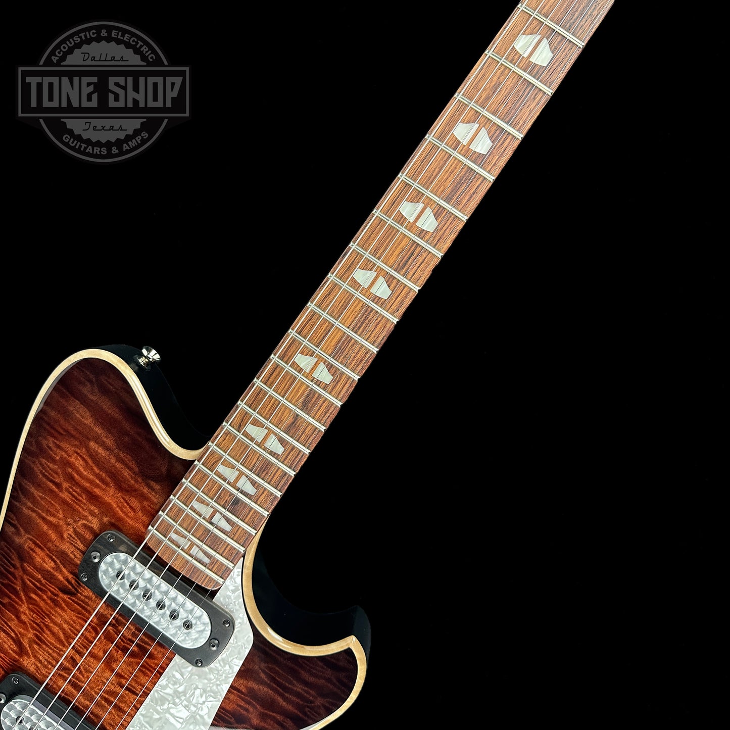 Fretboard of Powers Electric A-Type Select Quilt Top Wild Cabernet Pearloid Pickguard FF42.