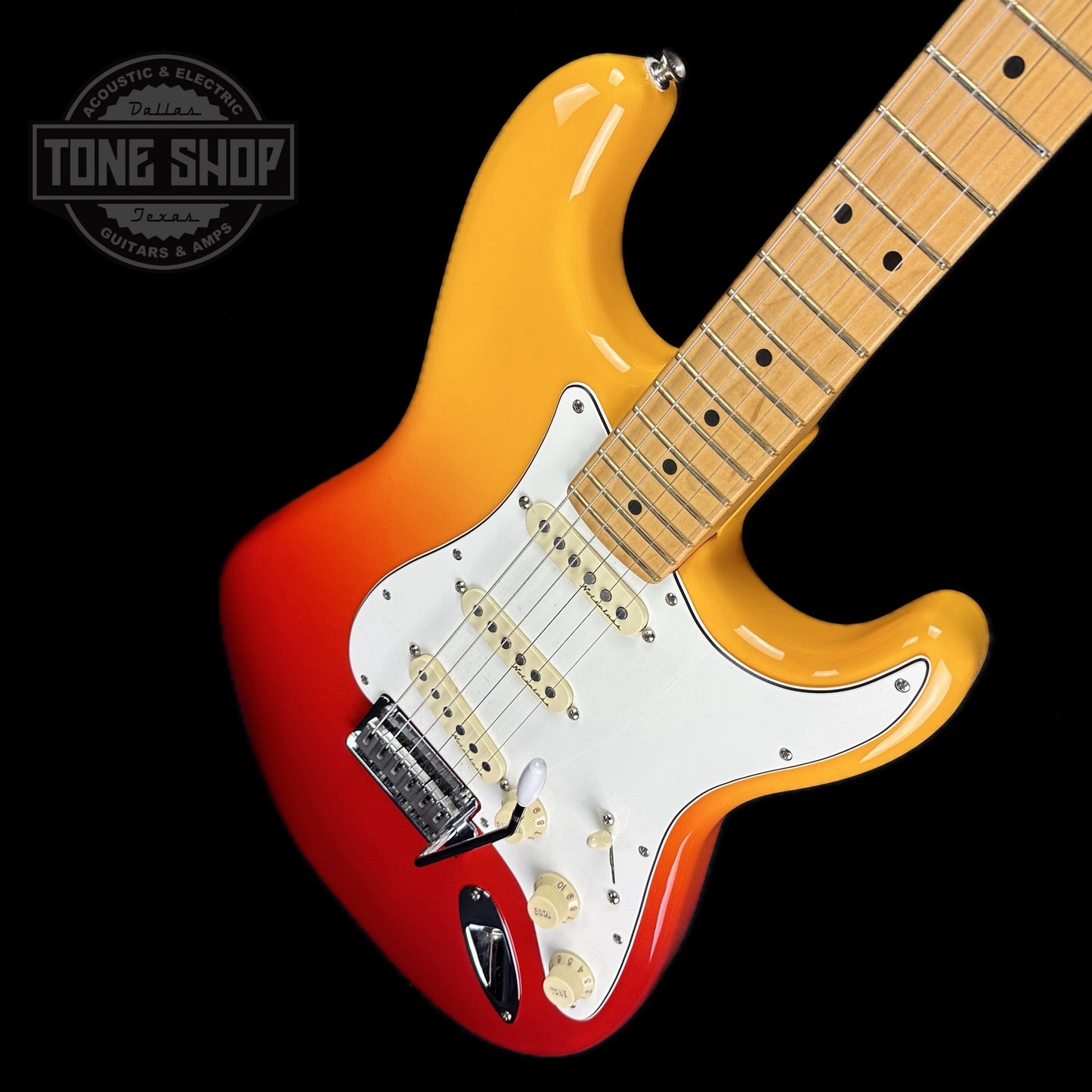 Front angle of Used 2021 Fender Player Plus Strat Tequila Sunrise.