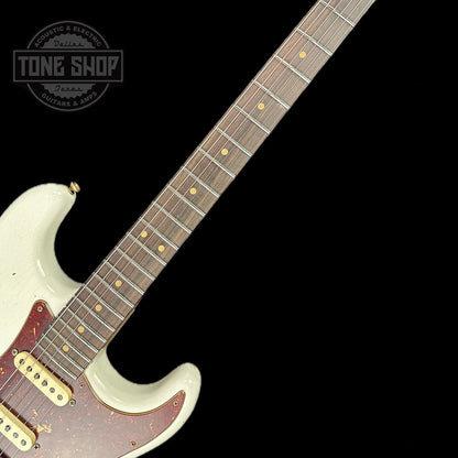 Fretboard of Fender Custom Shop 69 Stratocaster Relic HSS Oly White Reverse Headstock.