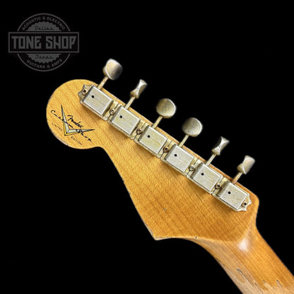 Back of headstock of Fender Custom Shop Limited Edition Roasted '60 Strat Super Heavy Relic Aged Olympic White Over 3 Color Sunburst.