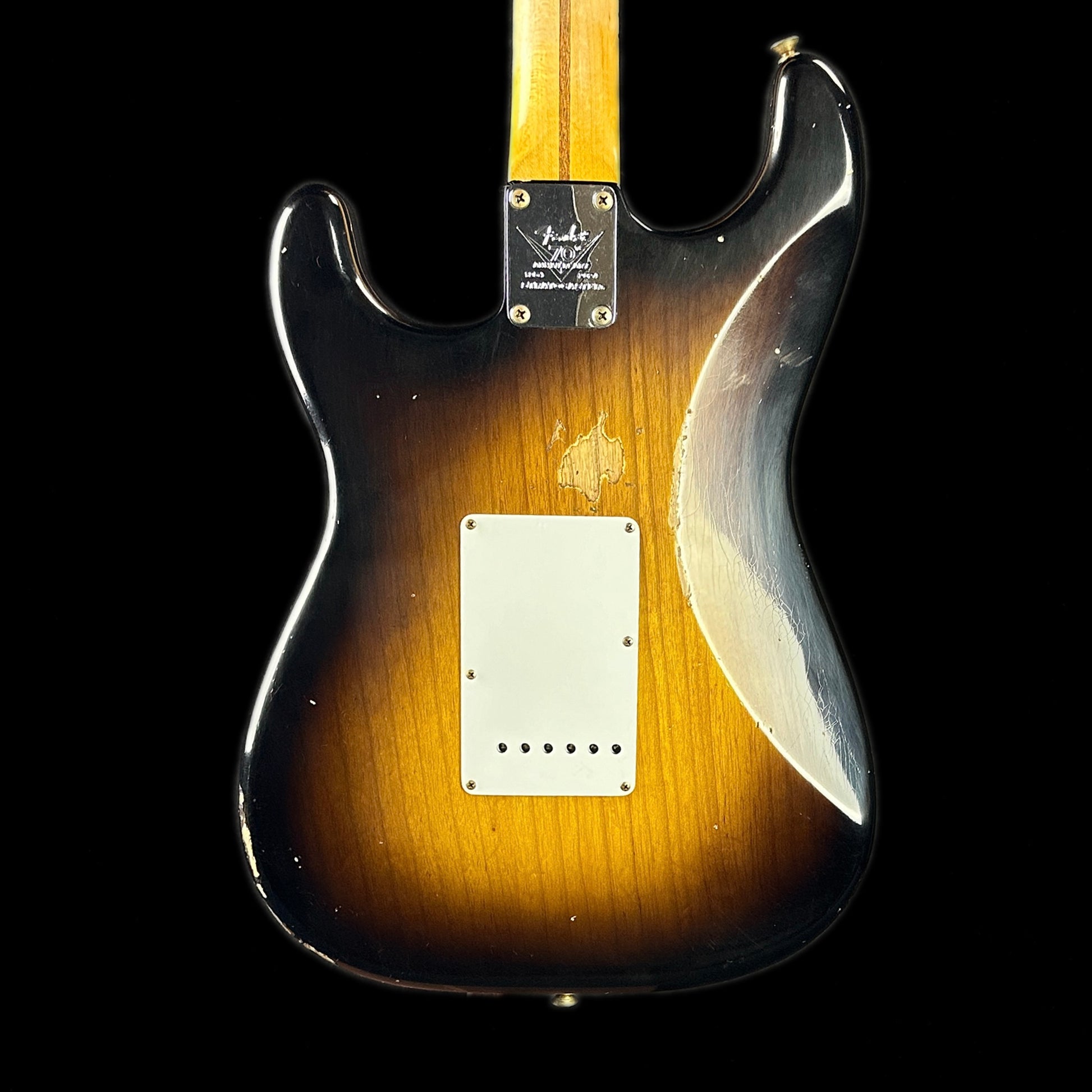 Back of body of Fender Custom Shop LTD 70th Anniversary 1954 Stratocaster Relic 2-Color Sunburst.