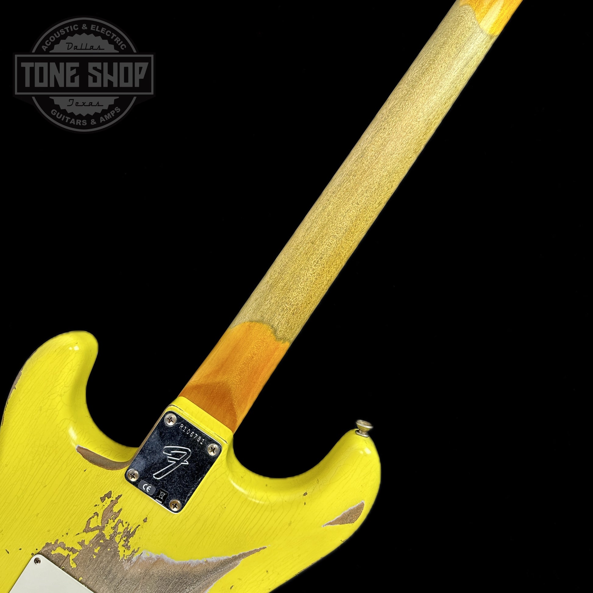Back of neck of Used Fender Custom Shop '69 Strat HSS Graffiti Yellow Heavy Relic.
