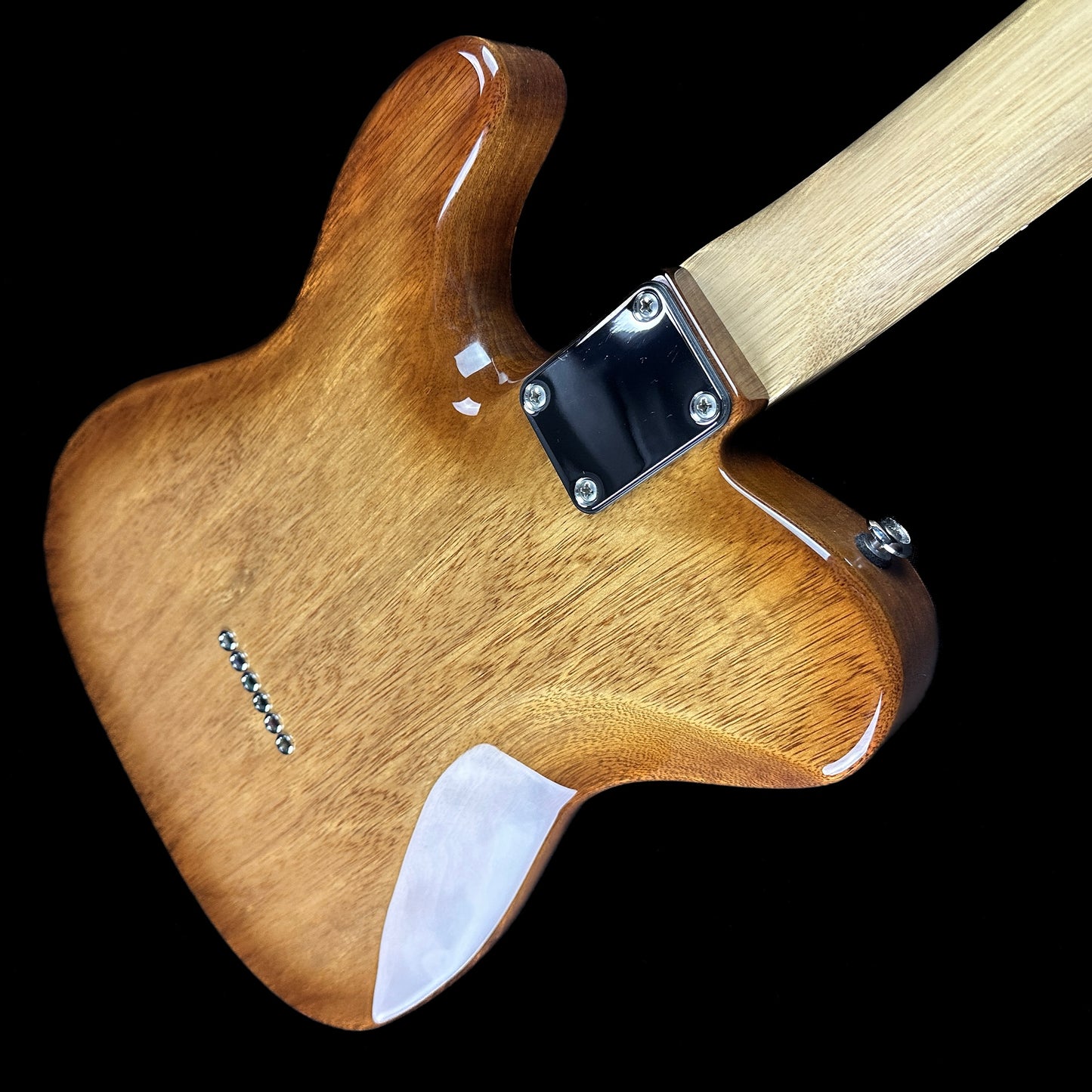 Back angle of Used Suhr Classic T Custom P90 Korina w/Spalted Maple Top.