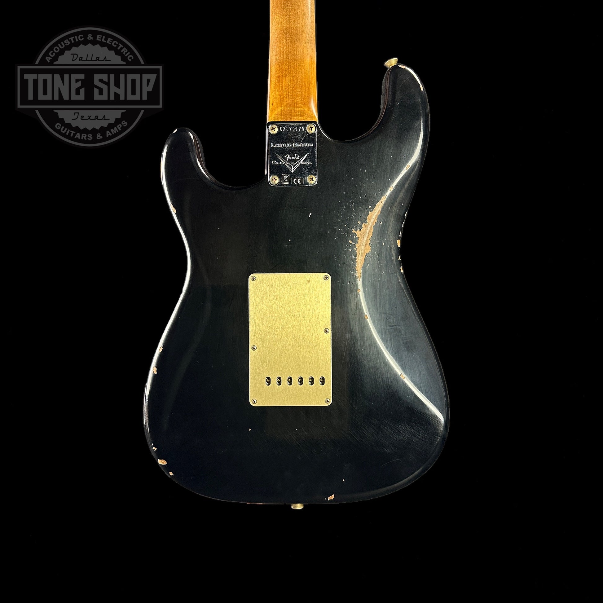 Back of body of Fender Custom Shop 2023 Collection Ltd Roasted Big Head Strat Relic Aged Black.