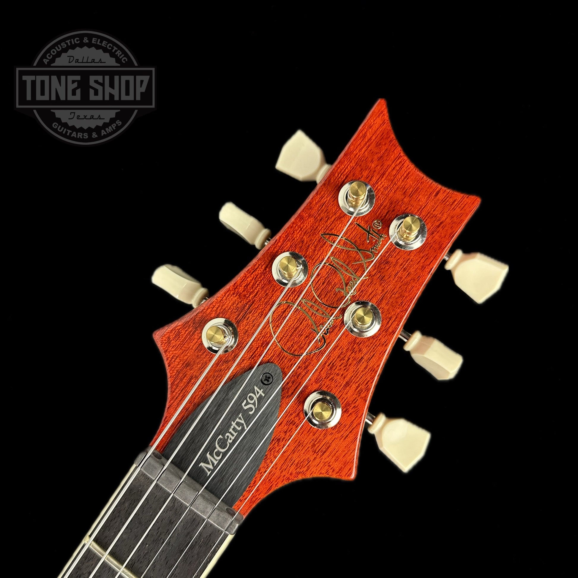 Front of headstock of PRS Paul Reed Smith S2 McCarty 594 Singlecut Quilt McCarty Sunburst.
