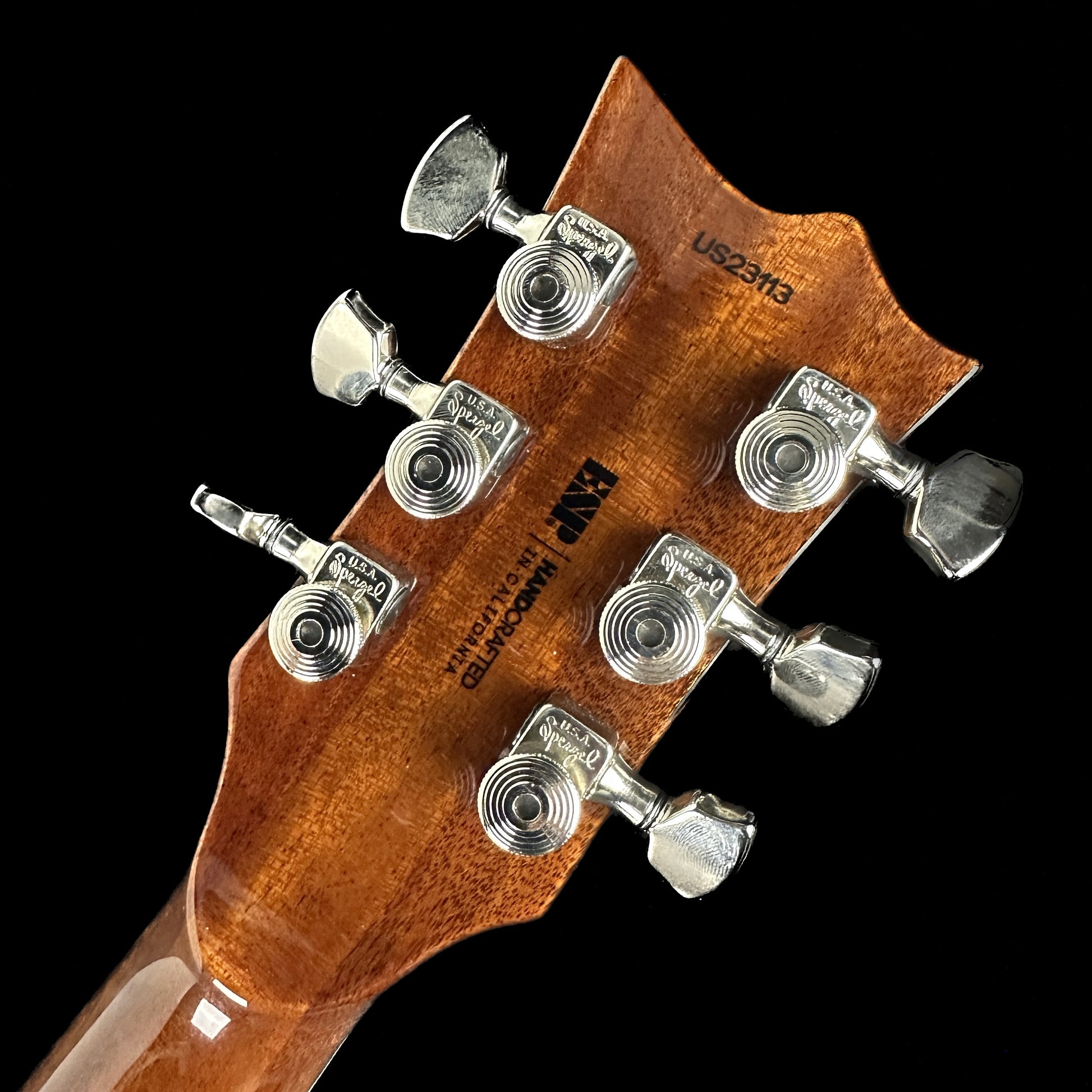 Back of headstock of Demo ESP USA Eclipse Floyd Rose See Thru Black Sunburst.