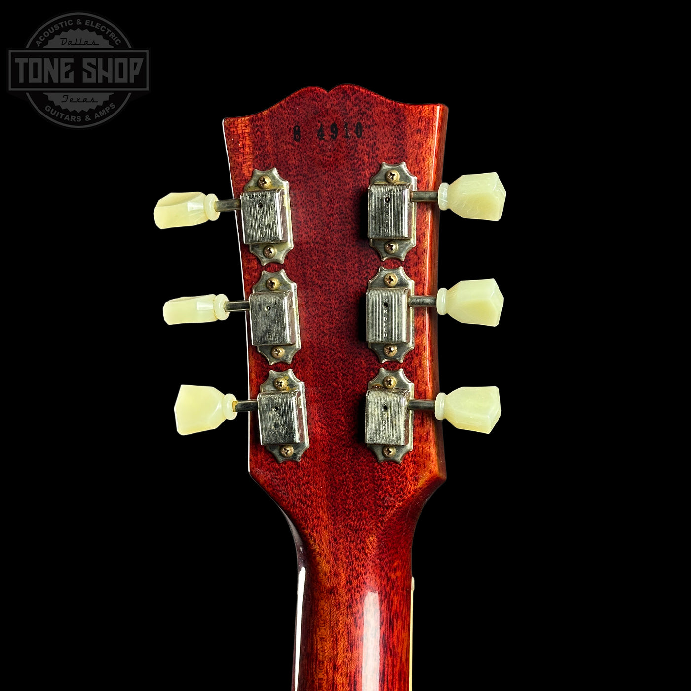 Back of headstock of Gibson Custom Dealer Select 1958 Les Paul Chambered Slow Iced Tea Fade VOS w/case 84910