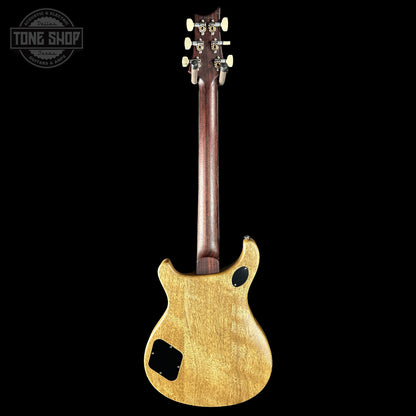 Back view of a wooden electric guitar with a visible brand logo in the corner.