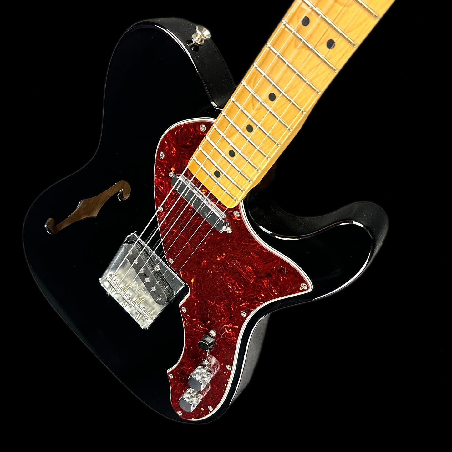Front angle of Used 2019 Fender FSR Thin Skin Telecaster Black.