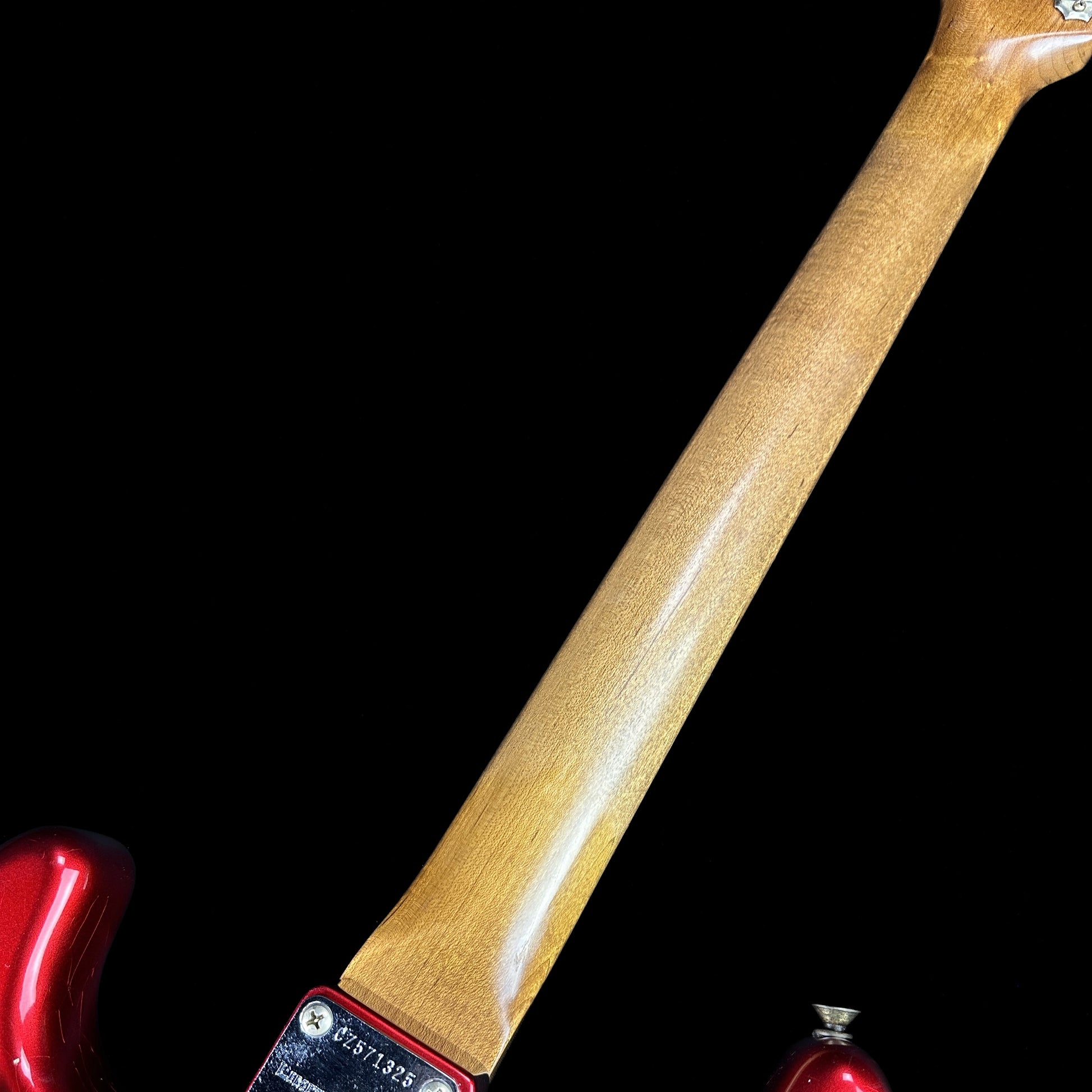 Back of neck of Fender Custom Shop Limited Edition '63 Strat Relic Aged Candy Apple Red.