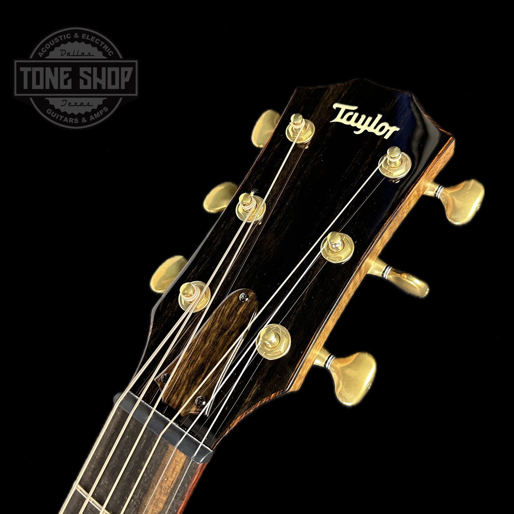 Front of headstock of Taylor Custom GS #12507 Bearclaw Sitka/Queens Walnut.