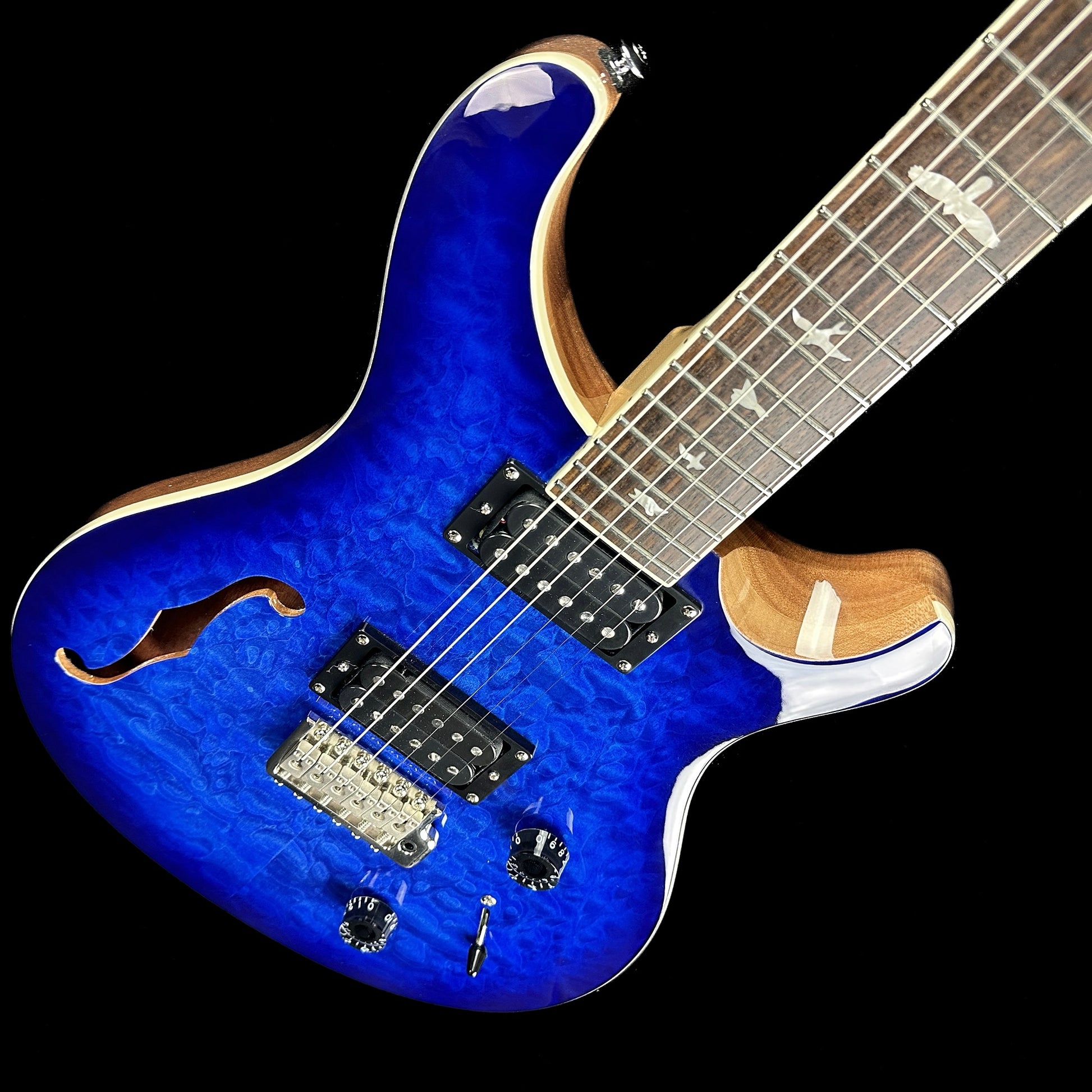Front angle of Used PRS SE Custom 22 Semi-Hollow Blue.