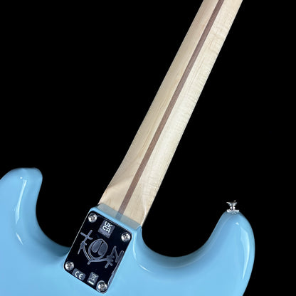 Back of neck of Used Fender Limited Edition Tom Delonge Stratocaster Daphne Blue.