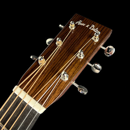 Front of headstock for Huss & Dalton TD-M Custom Thermo Cured Red Spruce/Sinker Mahogany.