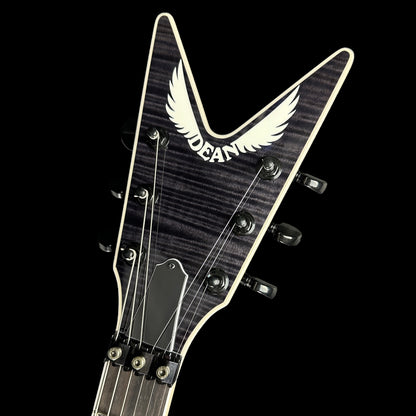 Front of headstock of Dean USA Dime Rebel Flame Top Trans Black.