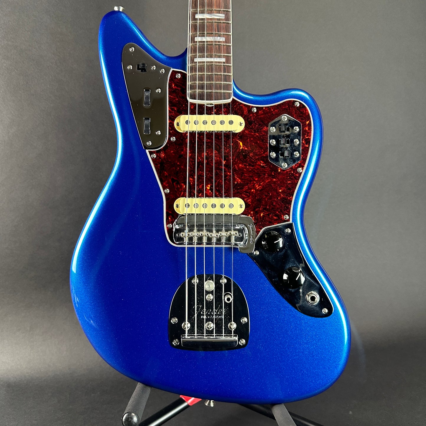 Front of Used Fender 60th Anniversary Jaguar Mystic Lake Placid Blue.