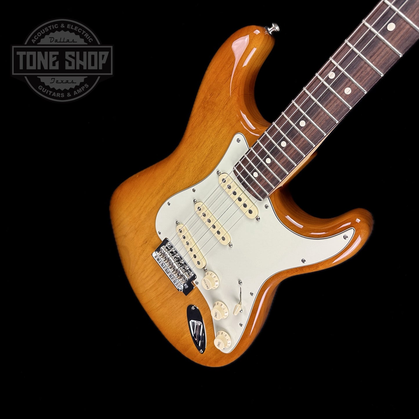 Front angle of Used 2021 Fender American Performer Strat Honeyburst.