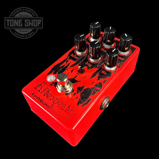 Front angle of EarthQuaker Devices Afterneath V3 Tone Shop Custom Candy Apple Red.
