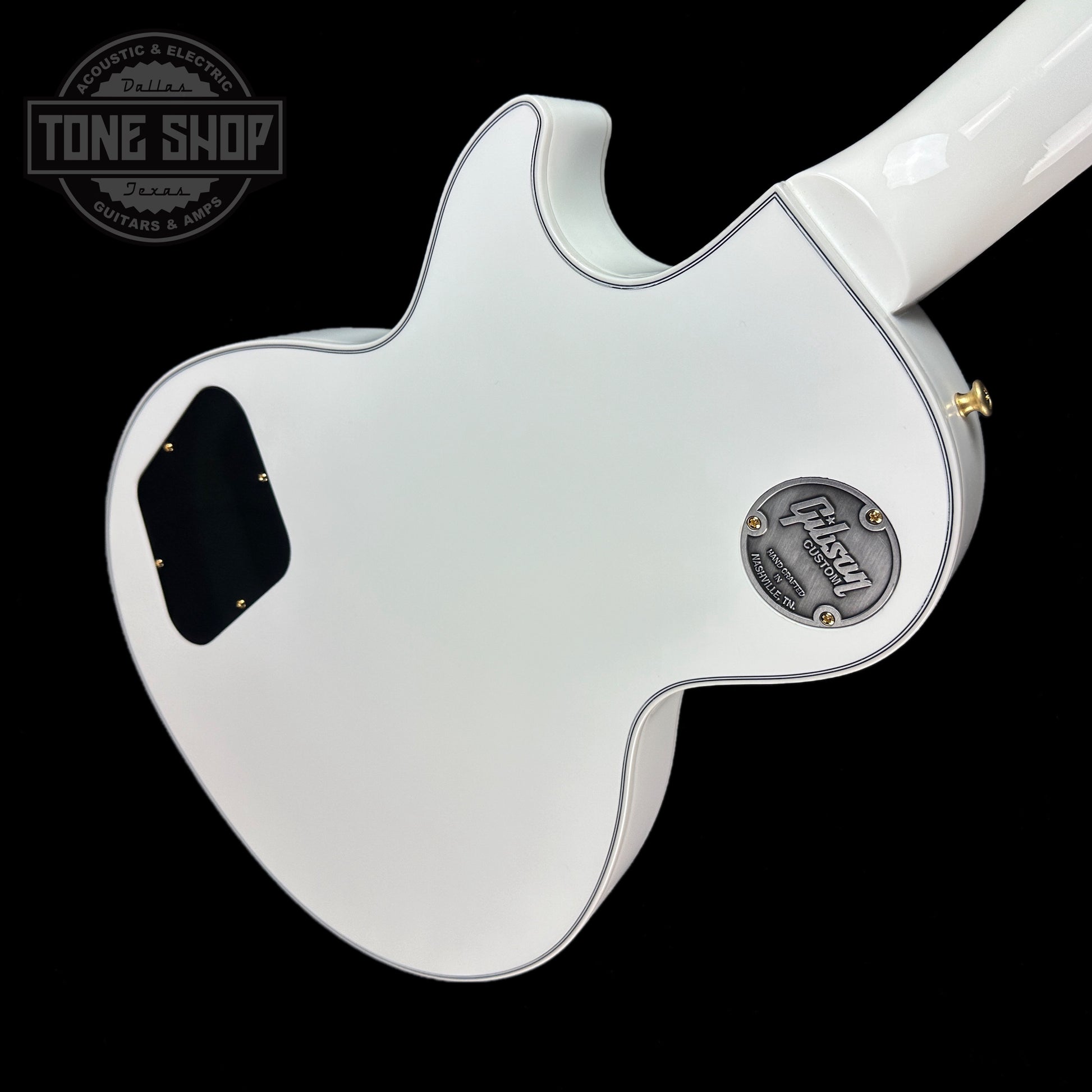 Back angle of Gibson Custom Shop Les Paul Custom Alpine White w/ Ebony Fingerboard Gloss.