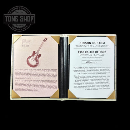 Certificate of authenticity for Gibson Custom Shop 1958 ES-335 Faded Tobacco Sunburst Murphy Lab Heavy Aged Limited.