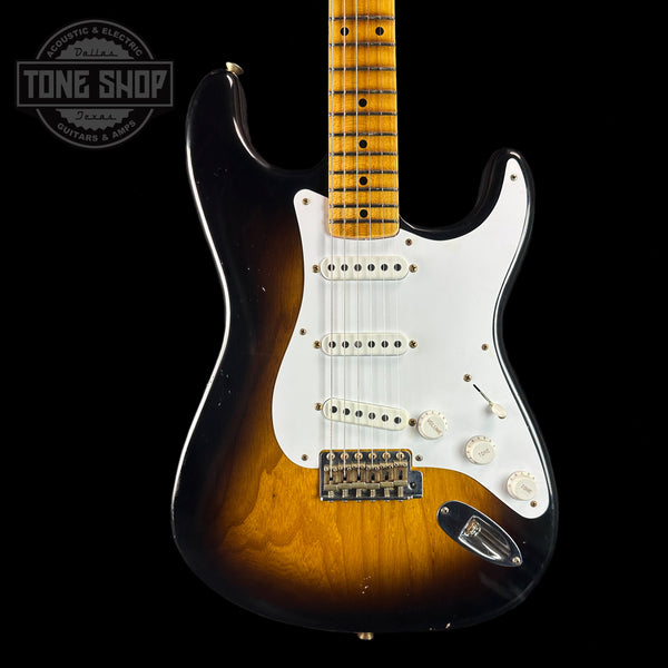 Front of body of Fender Custom Shop LTD 70th Anniversary 1954 Stratocaster Journeyman Relic 2-Color Sunburst.