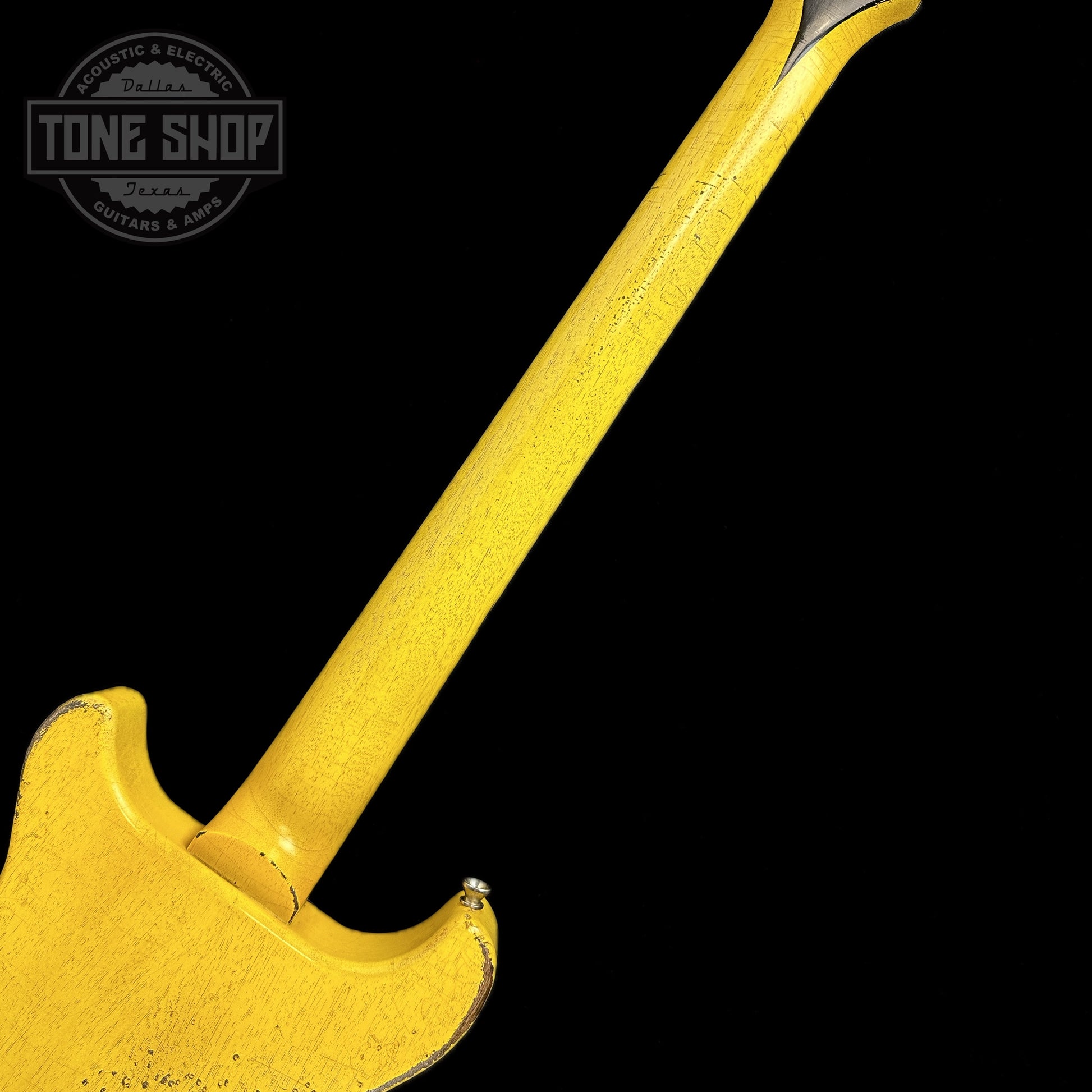 Back of neck of Rock N Roll Relics Thunders TV Yellow Heavy Aging.