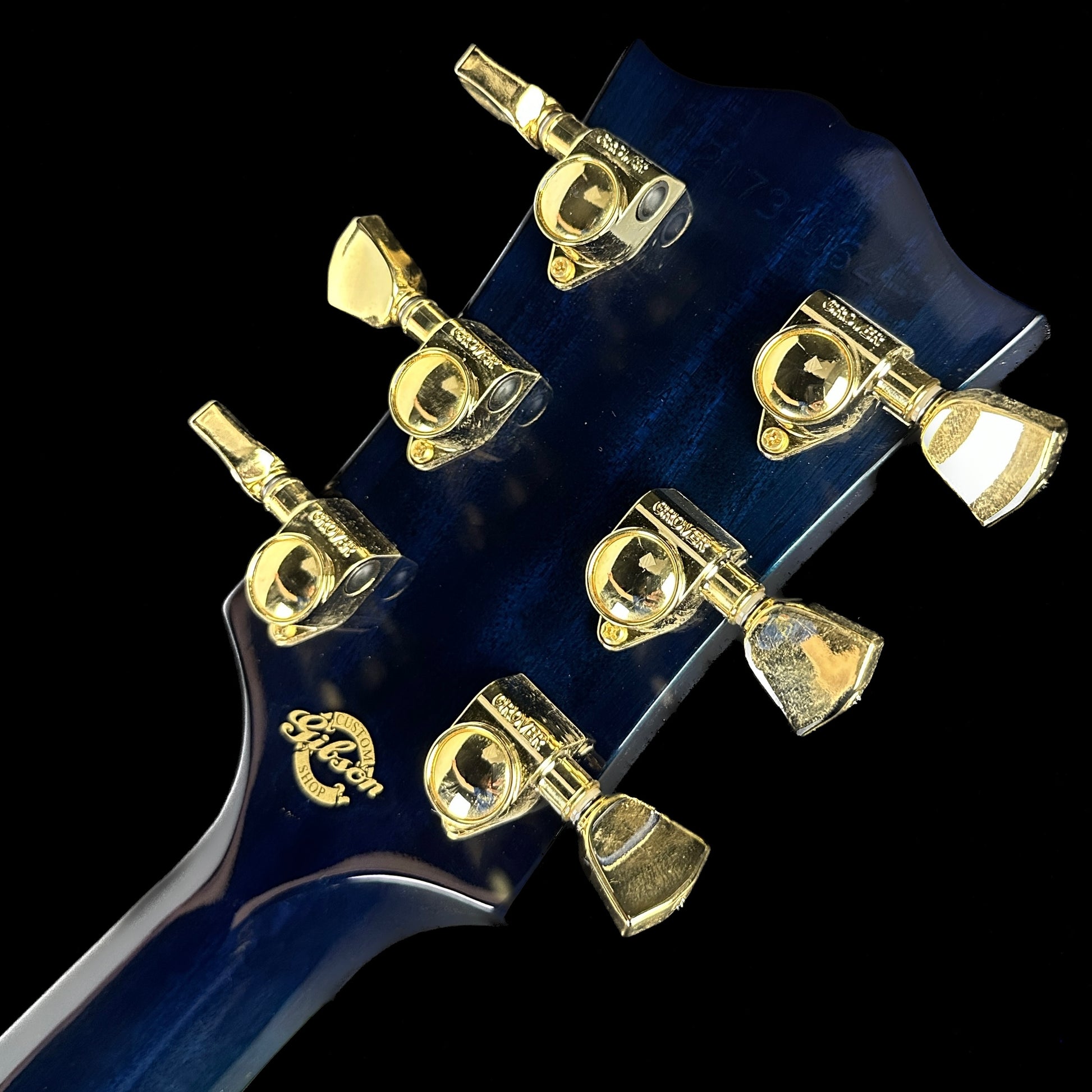 Back of headstock of Used Gibson Dove Viper Blue.