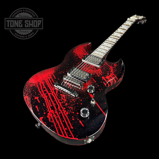 Front angle of ESP USA Viper Black Blood Splatter.