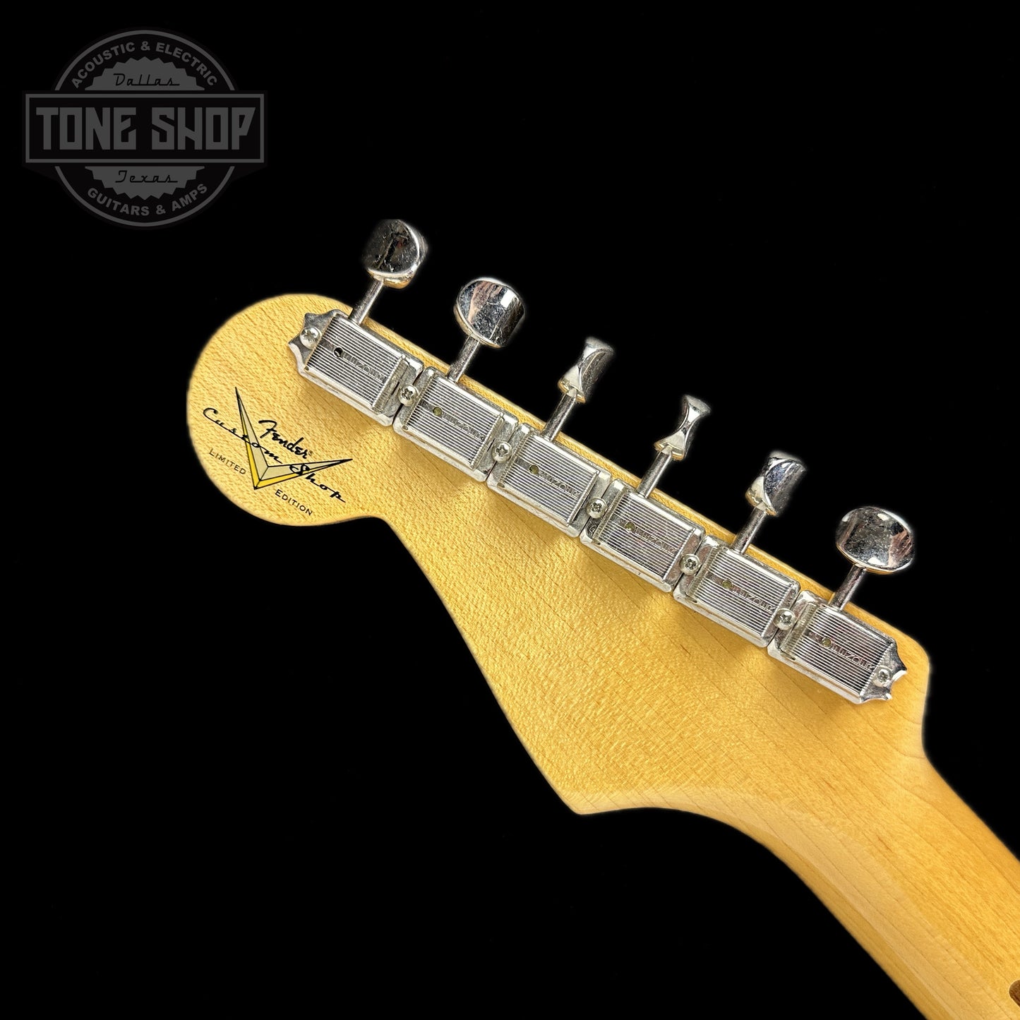 Back of headstock of Fender Custom Shop LTD 70th Anniversary 1954 Stratocaster Time Capsule 2-Color Sunburst.