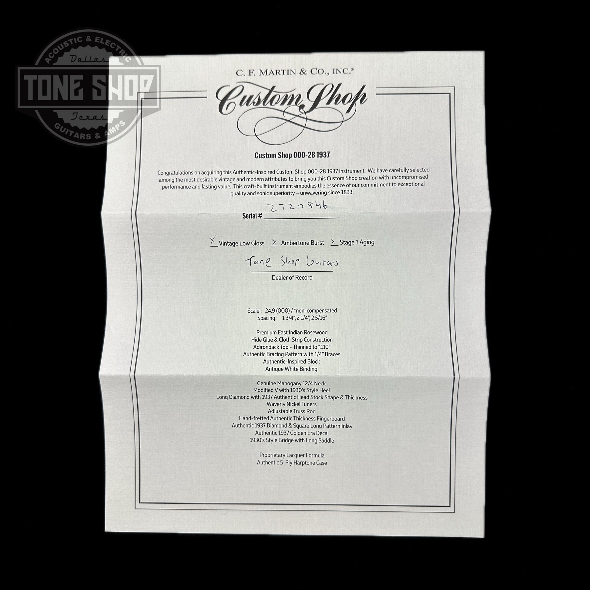 Spec sheet for Martin Custom Shop 000-28 Authentic 1937 Vintage Low Gloss w/Stage 1 Aging w/Ambertone Burst.