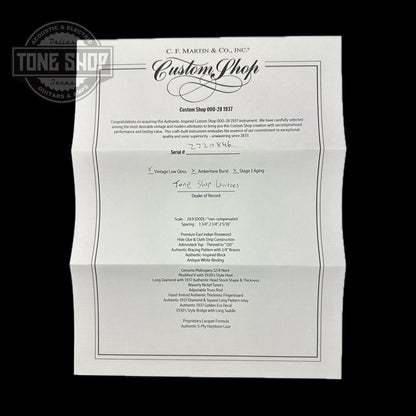 Spec sheet for Martin Custom Shop 000-28 Authentic 1937 Vintage Low Gloss w/Stage 1 Aging w/Ambertone Burst.