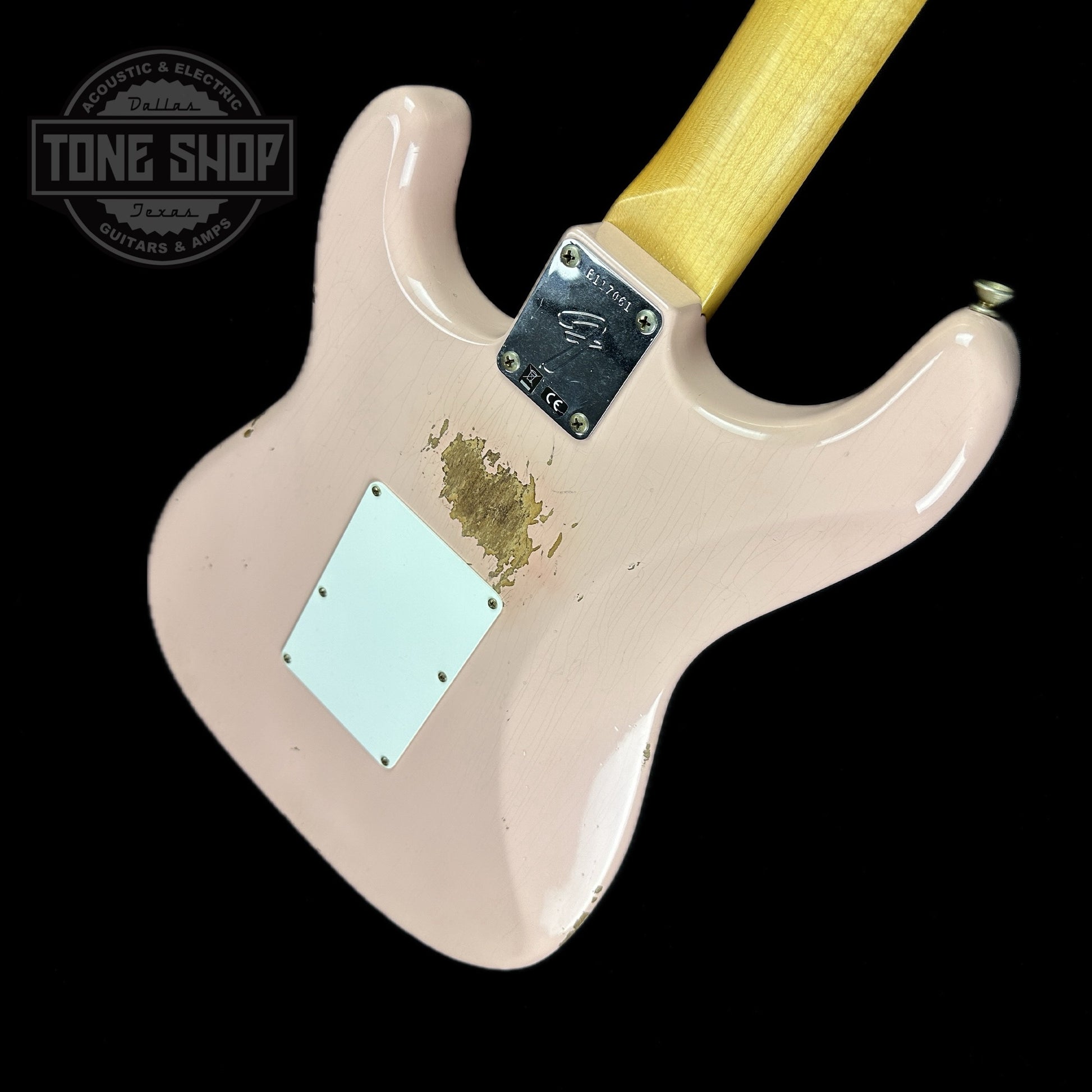 Back of body of Fender Custom Shop 69 Stratocaster Relic HSS Shell Pink Reverse Headstock.