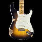 Front of body of Fender Custom Shop LTD 70th Anniversary 1954 Stratocaster Heavy Relic 2-Color Sunburst.
