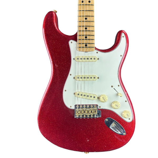 Front of Fender Custom Shop Limited Edition 69 Strat Journeyman Relic Aged Red Sparkle.