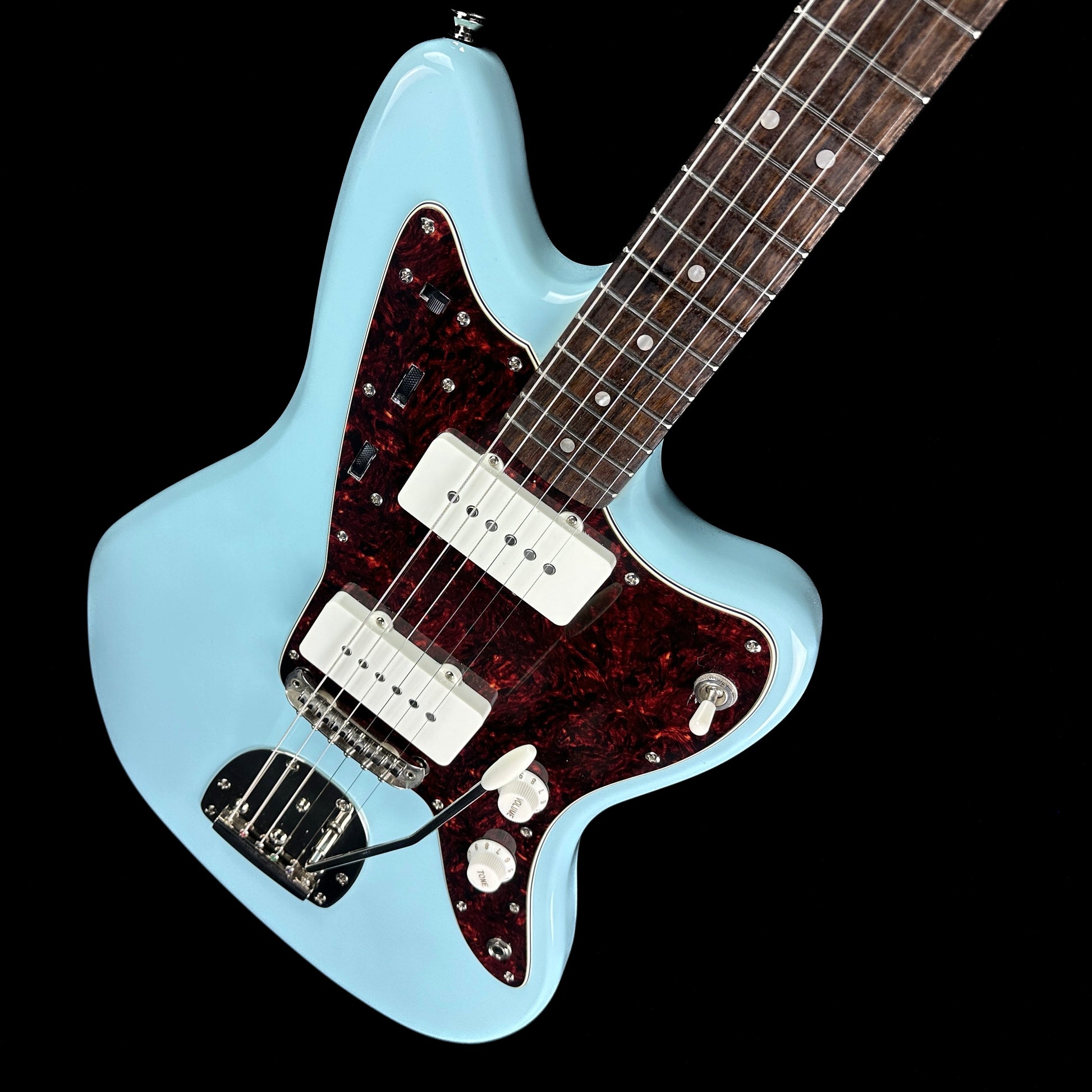 Front angle of Used Squier Classic Vibe Jazzmaster Daphne Blue.