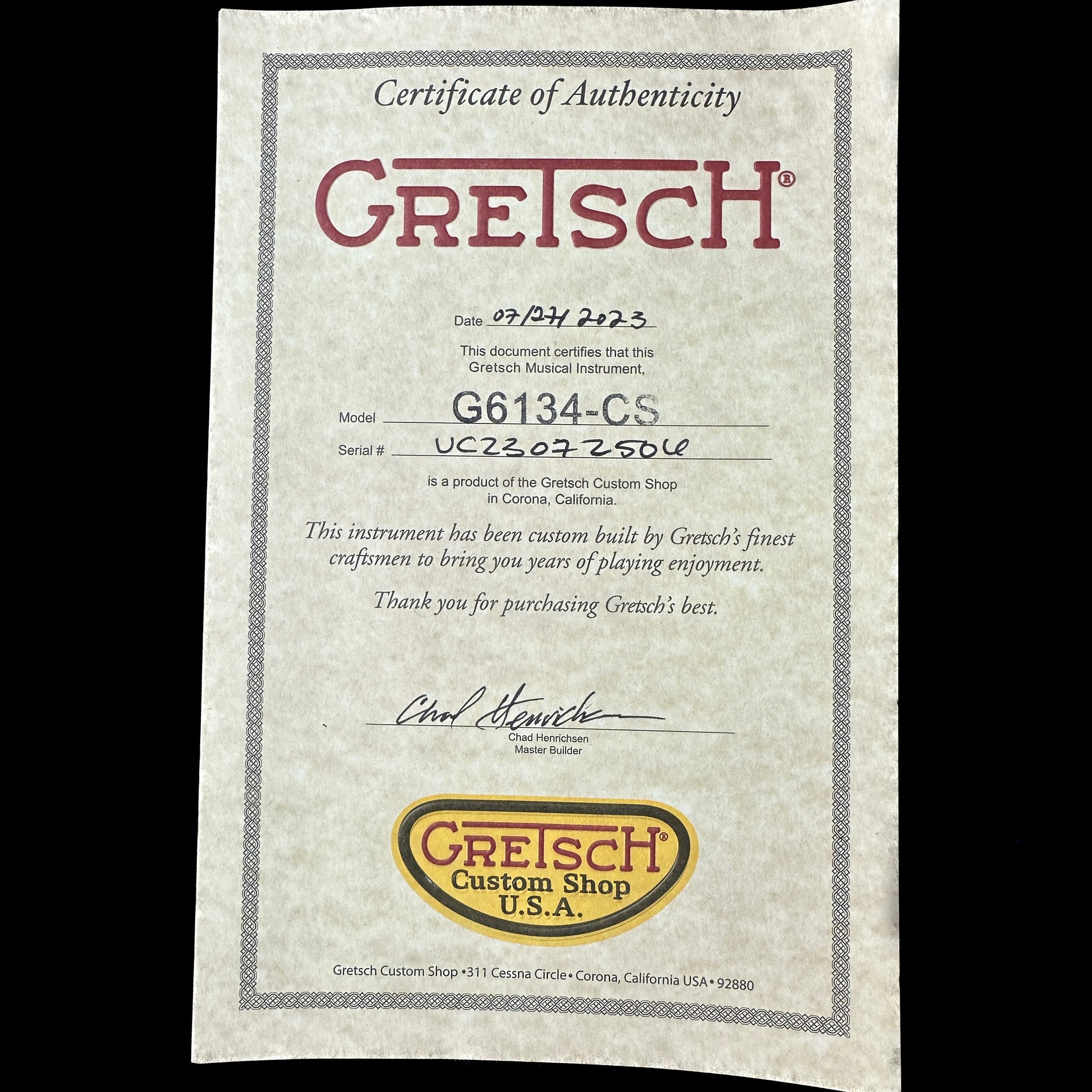 Certificate of authenticity for Gretsch Custom Shop G6134CS-59 Penguin Gold Sparkle.