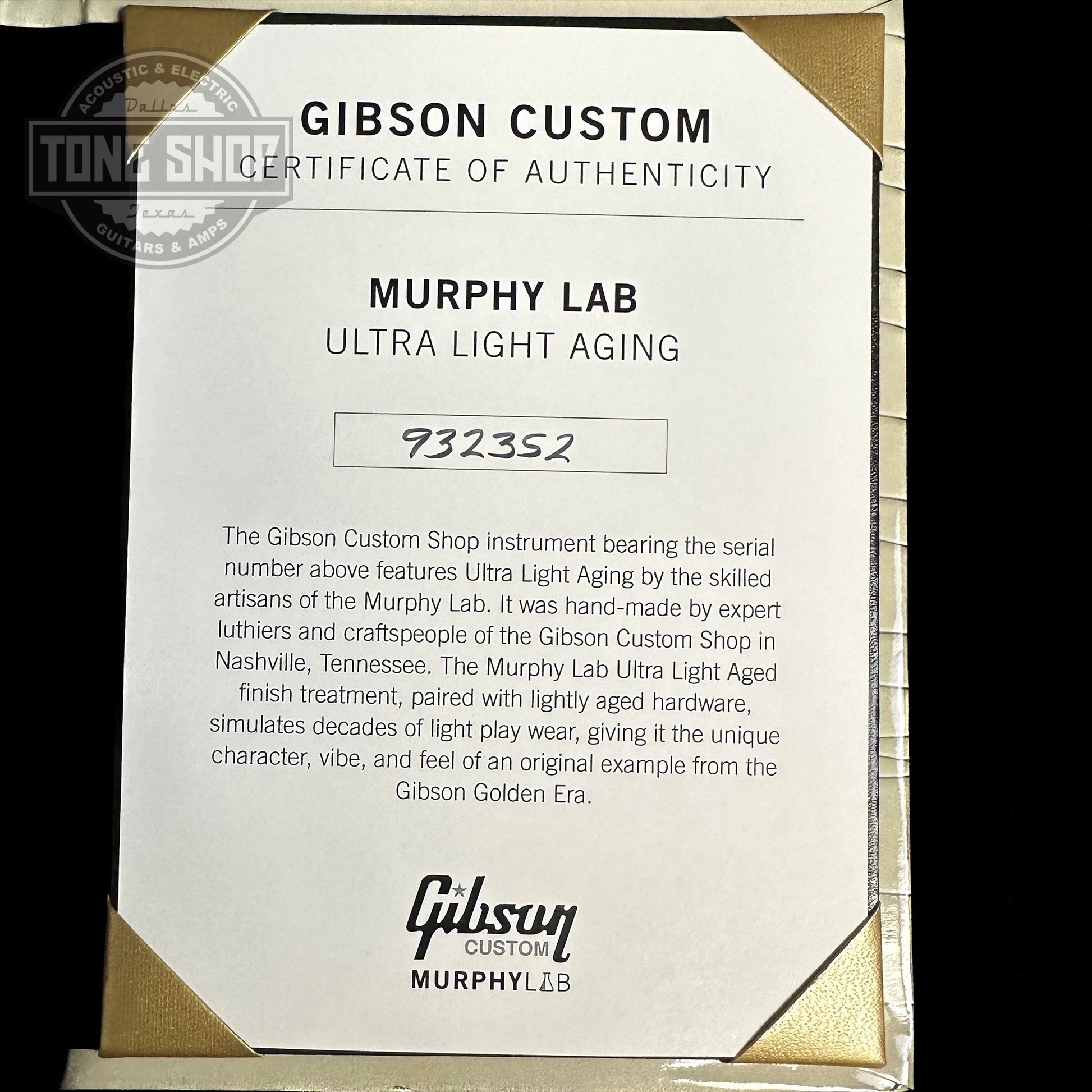 Certificate of authenticity for Gibson Custom Shop M2M 1959 Les Paul Standard Chambered Factory Burst Murphy Lab Ultra Light Aged.
